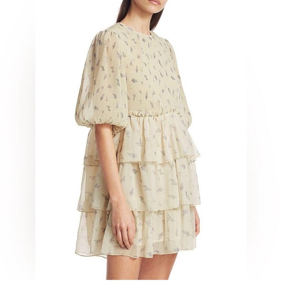 GANNI Size 40/ US Large Floral Print Pleated Georgette Babydoll Mini Dress - Picture 2 of 10